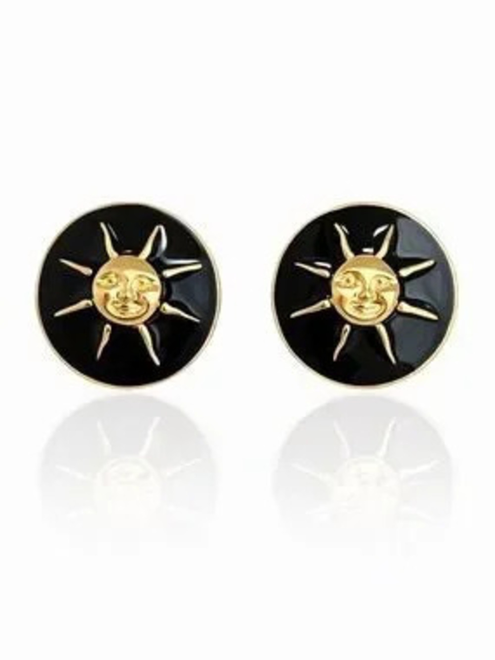 Gold Sun Face Black Enamel Stud Earrings